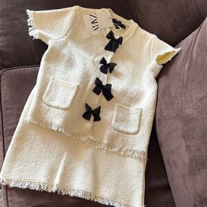 Zara Women set Cream Top with Black Bow Details and skirt
